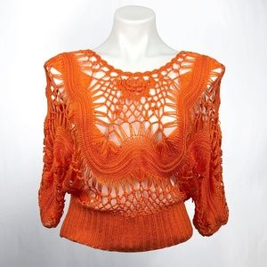 Bright Neon Orange Open Crochet Top Sz S
